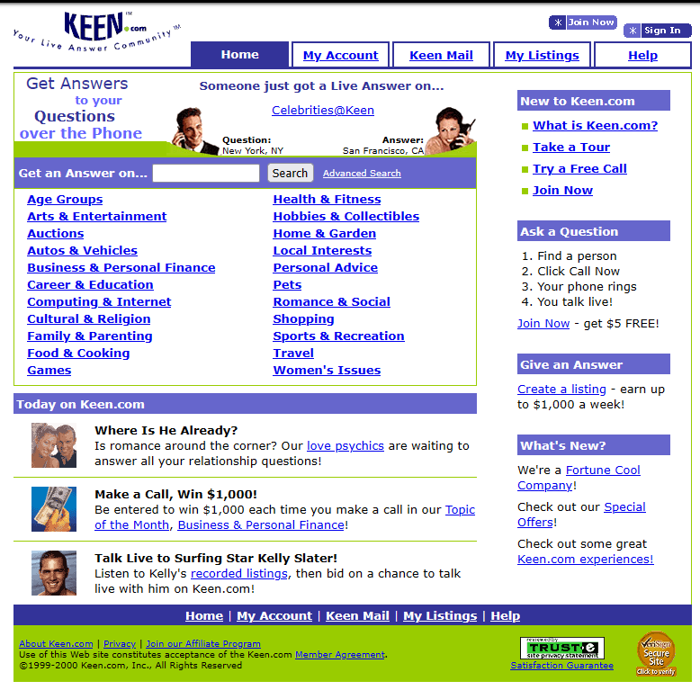 Keen.com homepage from 1999
