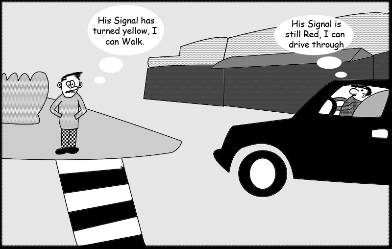 Pedestrian and driver looking at each others signals , deciding based on what other party would do. 