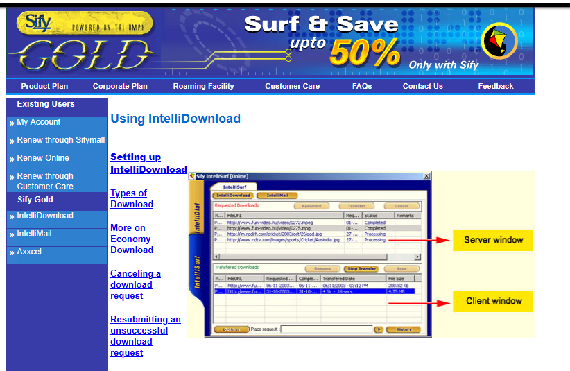 Sify Satyam IntelliDownload page